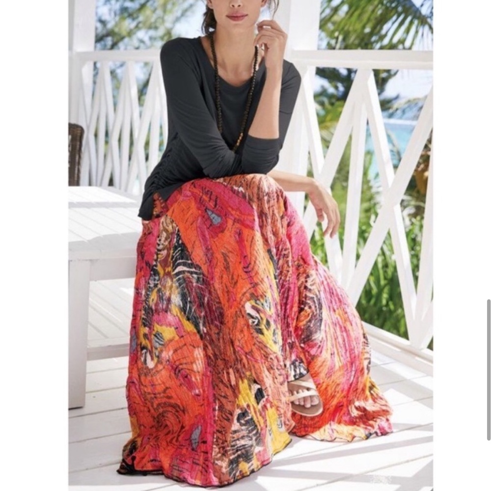 Soft Surroundings Vibrant Orange Pink Printed Maxi Skirt